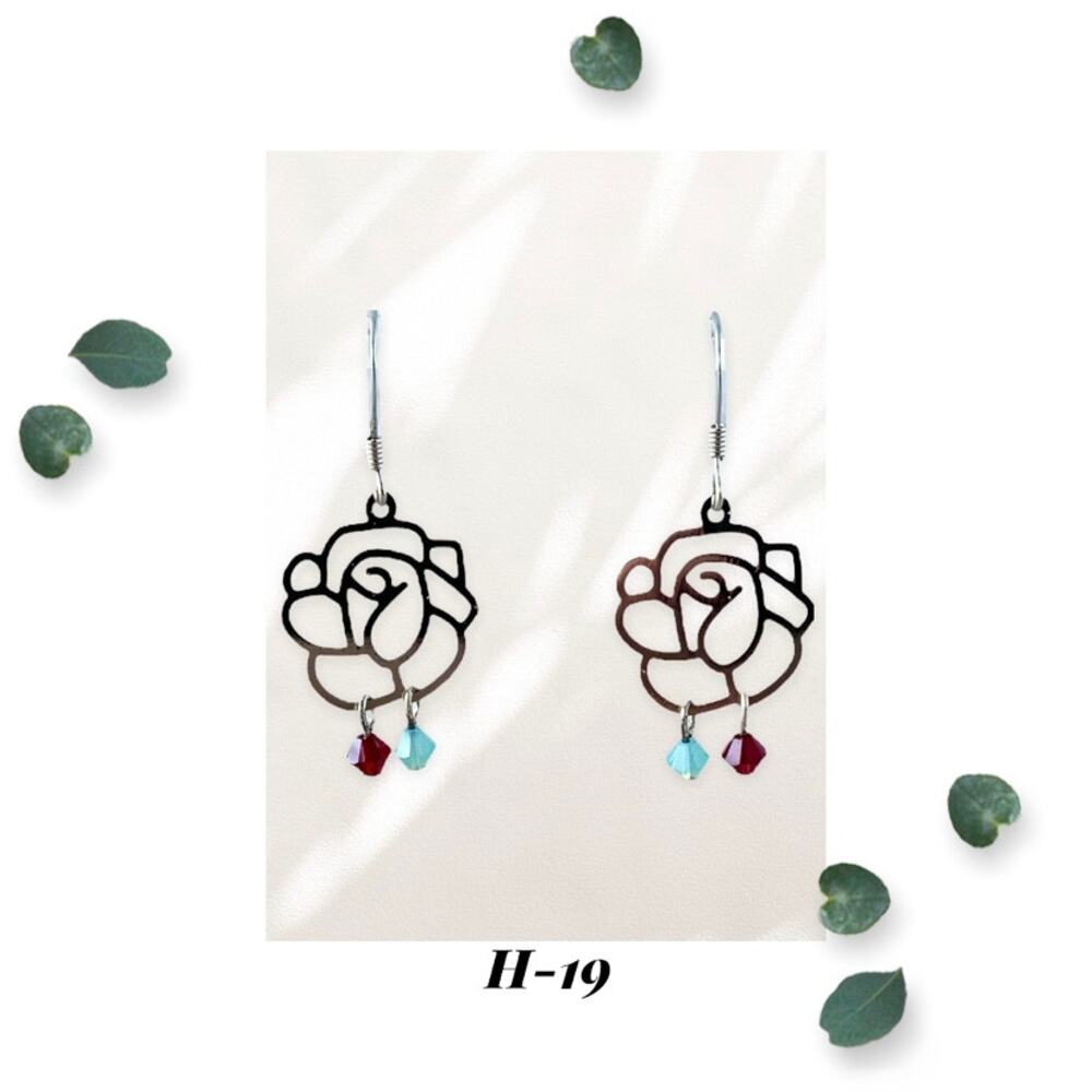 Lace Rose Earrings - Siam Red Pacific Blue Opal Crystal Dangle Earrings